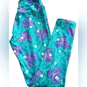 Lularoe one size Disney Minnie Mouse leggings in turquoise, purple, and white.